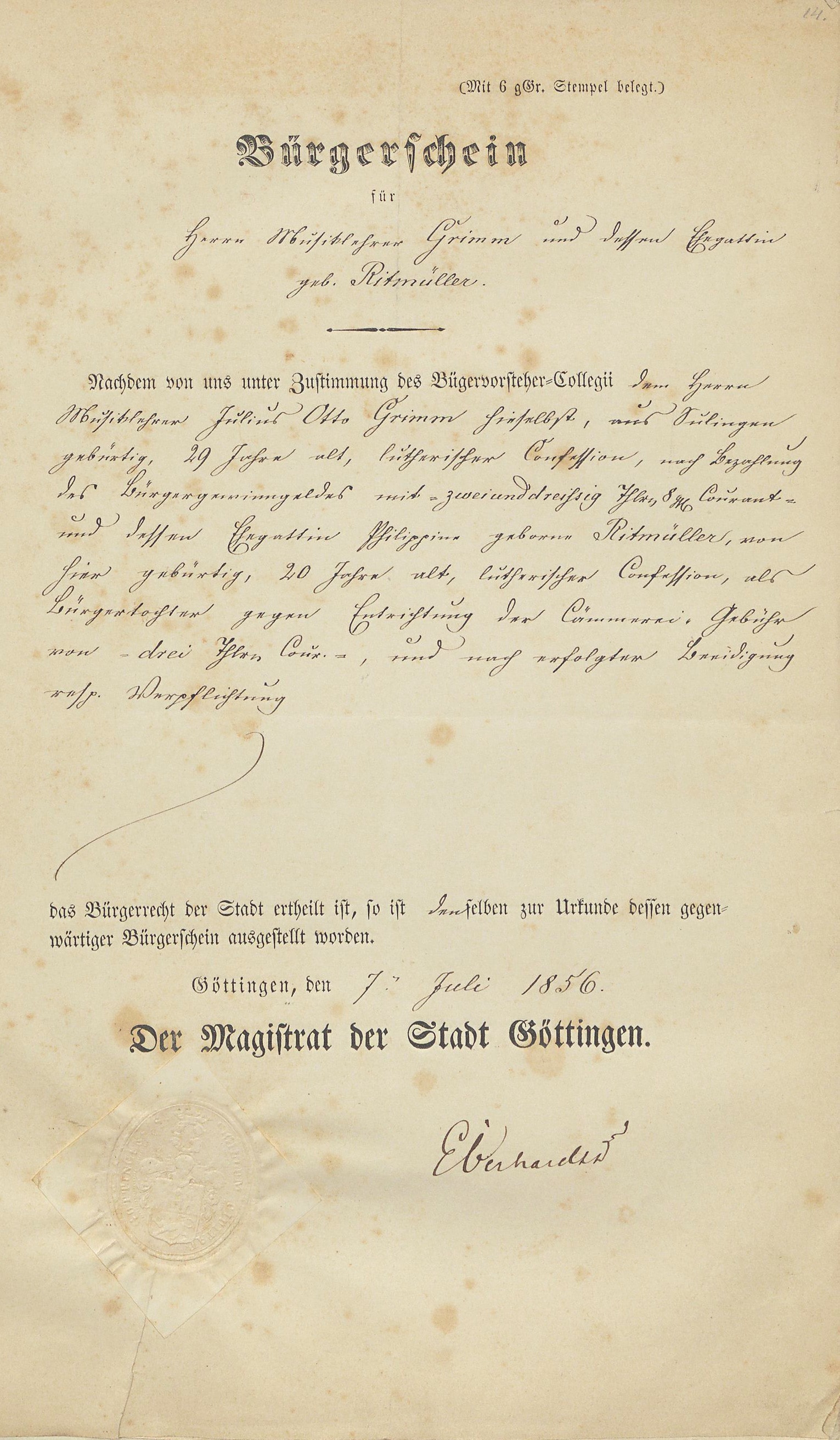 Bürgerschein (Göttingen, 7. Juli 1856)