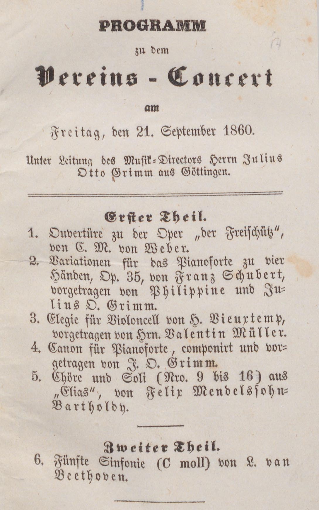 Konzertprogramm vom Freitag, den 21. September 1860 (Probedirigat)