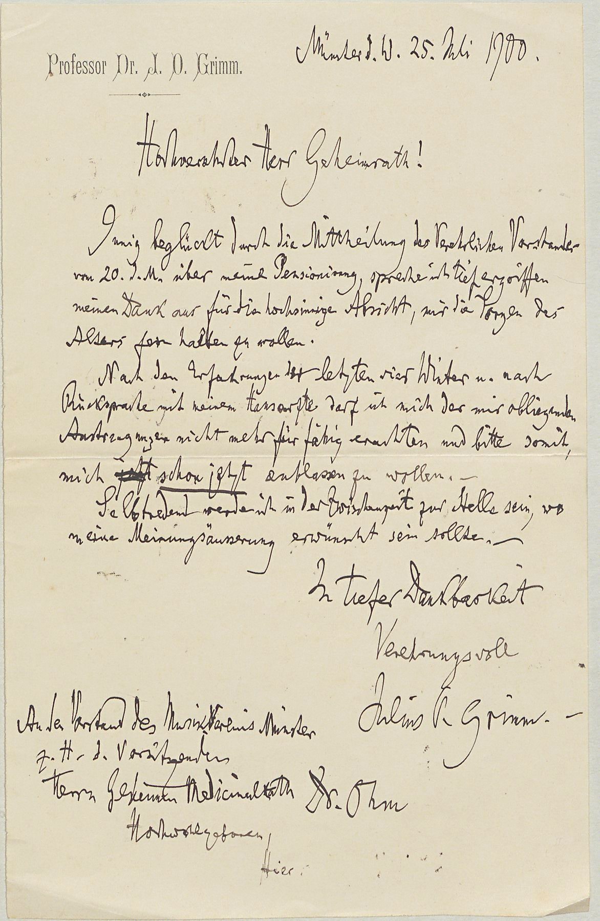 Pensionierungsgesuch, Münster, 25. Juli 1900