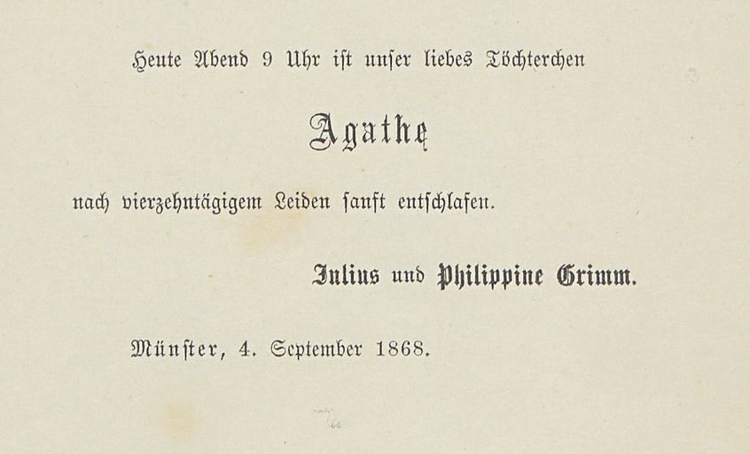 Todesanzeige Agathe Grimm (Münster, 4. September 1868)