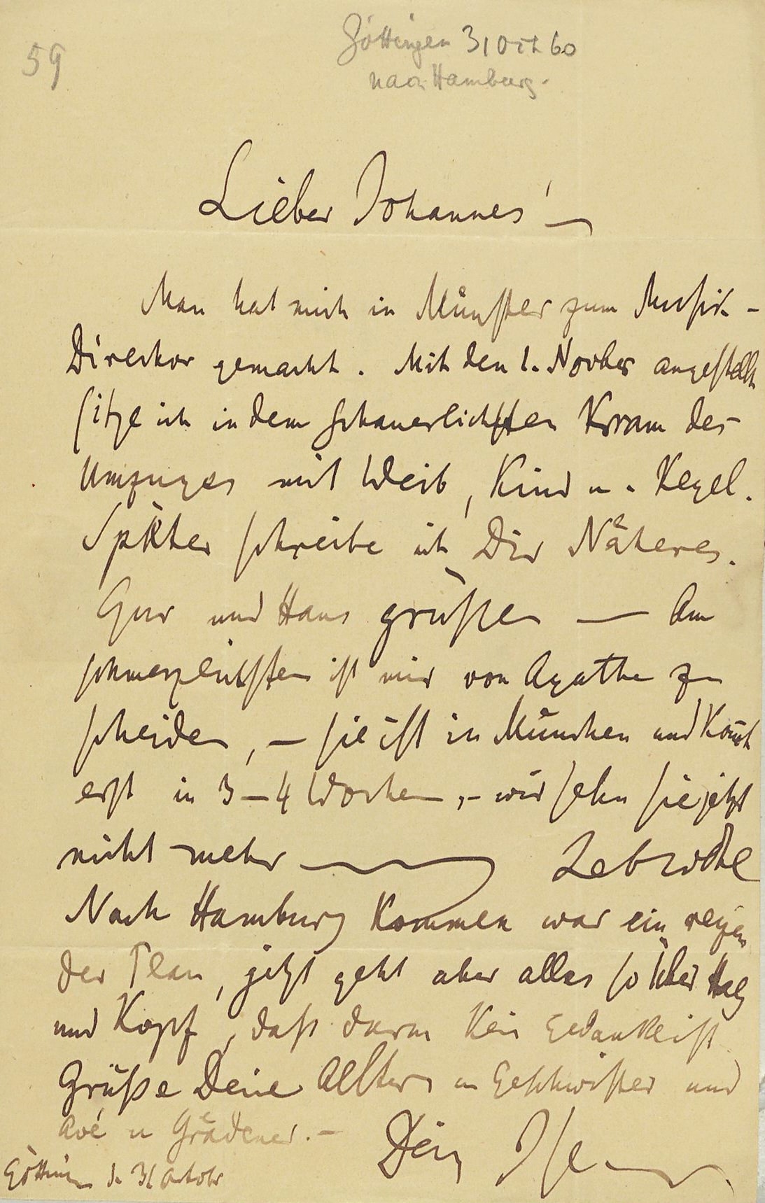 Grimm an Brahms, Göttingen, 31. Oktober [1860]