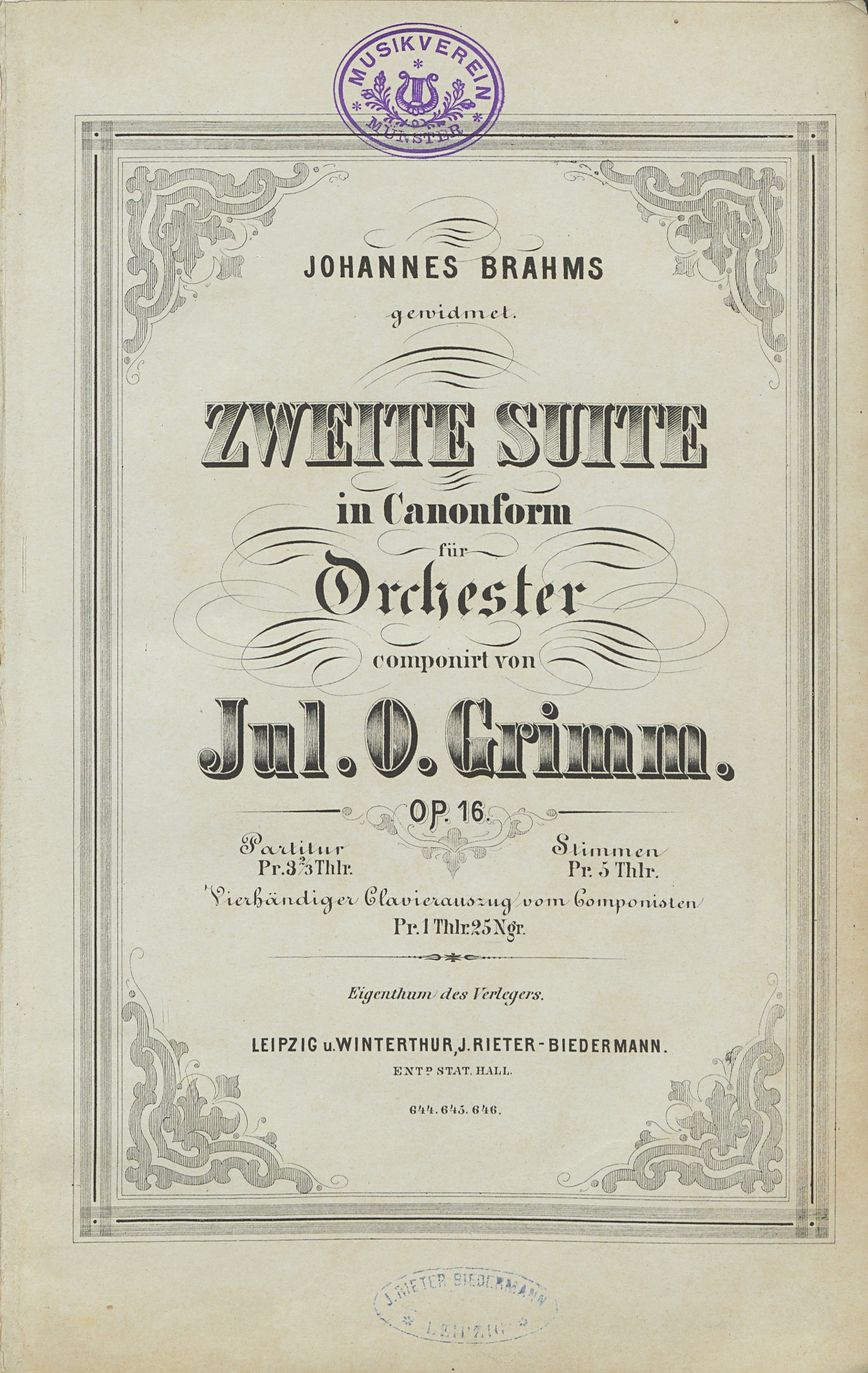Titelblatt op. 16 & Grimm an Brahms, Münster, 8. Mai 1870