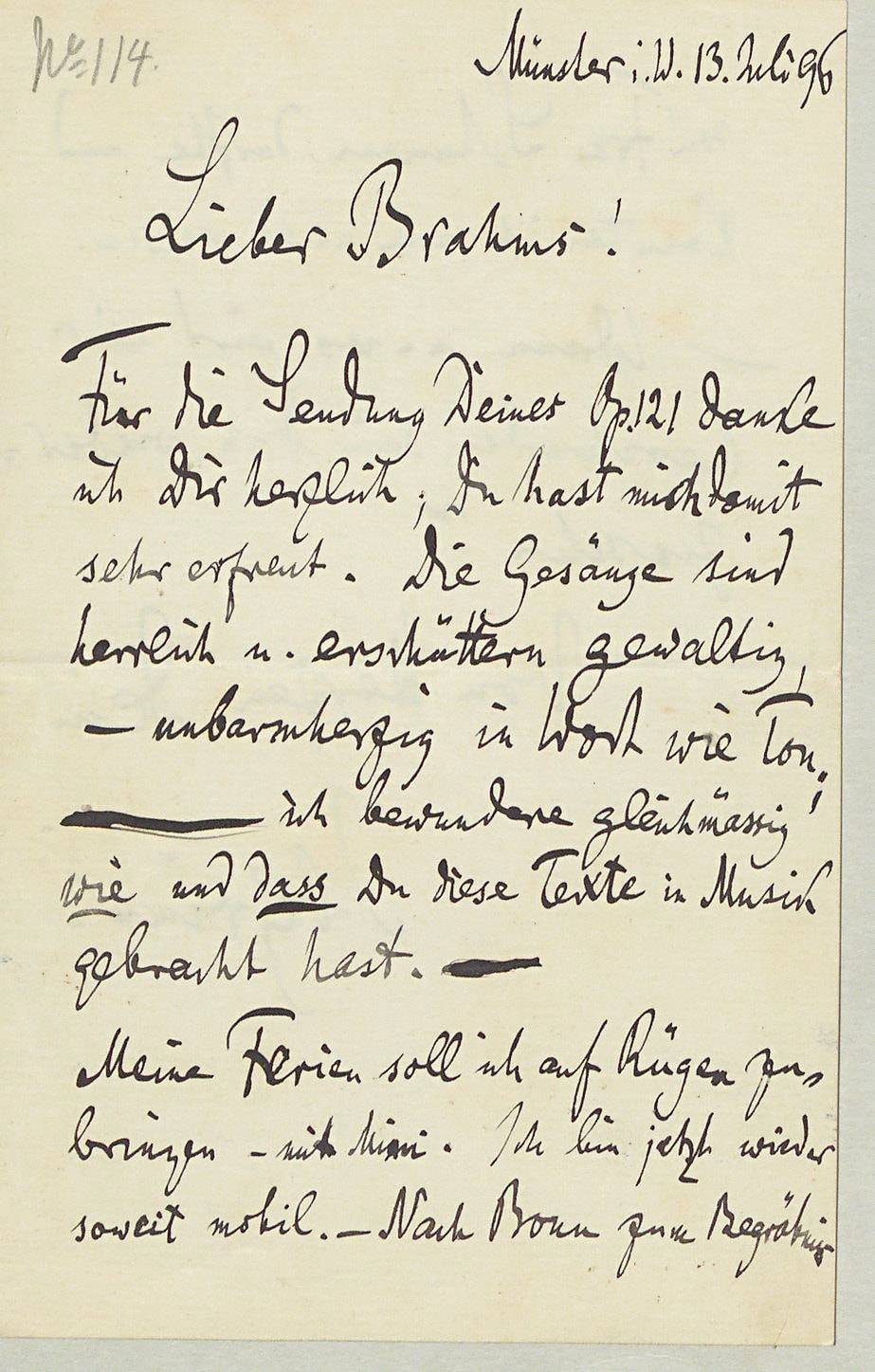 Letzter Brief von Grimm an Brahms, Münster 13. Juli 1896