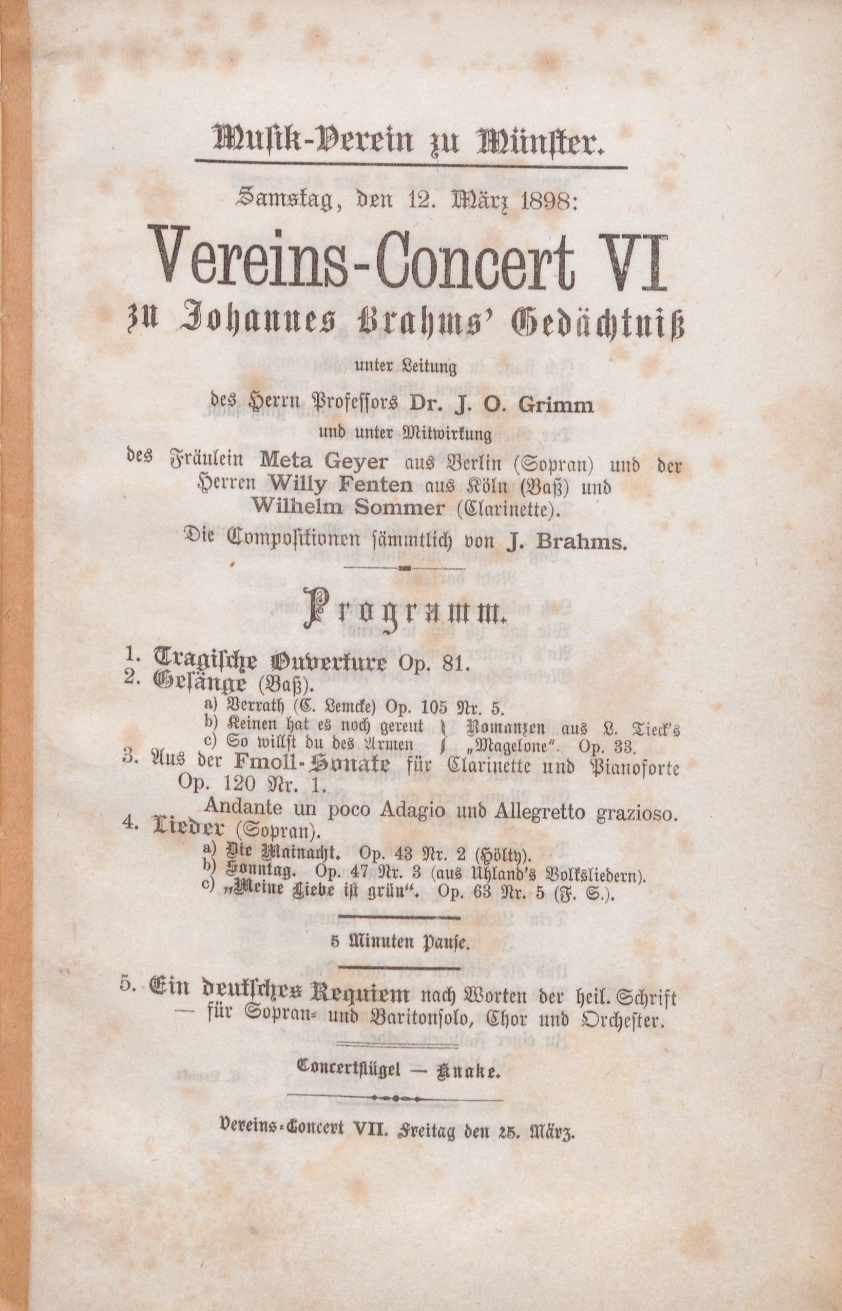 Programmheft Brahms-Gedächtniskonzert, 12. März 1898