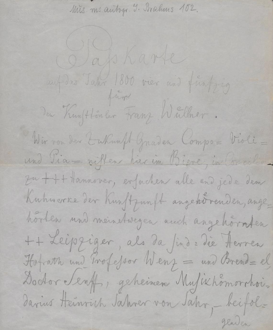 Passkarte für Franz Wüllner [Hannover, 4. Februar 1854]